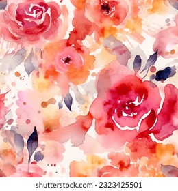 Colorful Red Orange Yellow Roses Floral Watercolor Seamless Pattern Wallpaper Background Vector
