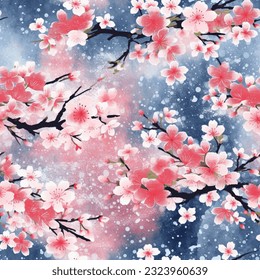 Colorful Red Pink Blue White Japanese Cherry Blossoms Sakura Kimono Yukata Seamless Pattern Wallpaper Background