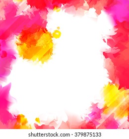 Colorful Red, Pink and Yellow Vector Paint Splashes. Indian Holi Festival Background. Watercolor Banner with Place for Your Text. Bright Isolated Borders. Beautiful Frame for Cards and Posters.