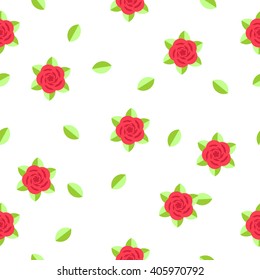 Colorful Red roses with leaves in flat style. Flowers floral vector seamless pattern. Isolated Roses background. Leaves with flowers texture. Flower Texture for wedding and gift wrapping paper.