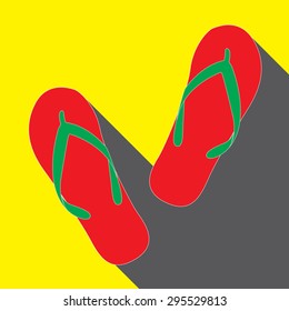 Colorful red sandal graphic on yellow background with shadow.
