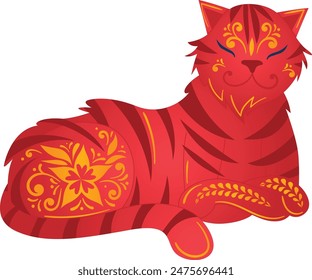 colorful red tiger illustration features intricate yellow floral leaf patterns vibrant tigers body, image uses bold stripes against isolated white background, suitable decoration tattoo inspiration