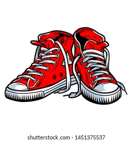 Concepto de zapatillas de moda rojas coloridas en ilustración vectorial aislada de estilo vintage