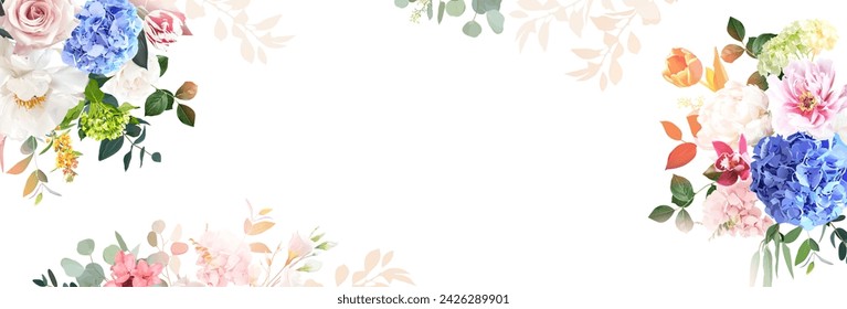 Colorful red tulip, peony, hyacinth, hydrangea, pink rose vector design horizontal card. Wedding greenery. Green, blue, red, white tones. Watercolor banner card. Summer style. Isolated and editable