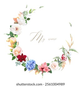 Colorful red tulip, peony, orchid, hydrangea, pink rose vector design invitation frame. Rustic wedding greenery. Green, beige, white tones. Watercolor round card. Summer style. Isolated and editable