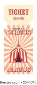 Passagem de circo vermelho vintage colorida. Tenda de circo listrado, circo de texto decorativo, bilhete e muito mais. Ilustração de vetor plano vertical sobre fundo branco