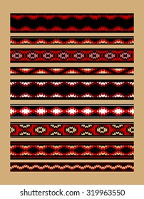 Colorful red white and black aztec ornaments geometric ethnic seamless borders set, vector