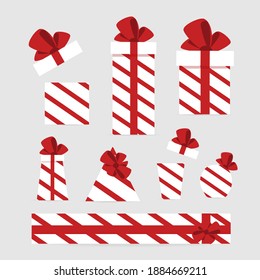 Colorful red and white Pattern Gift Box set with Ribbons and Bows with geometric shape for holiday sales. Valentine's day, anniversary, women's holidays, mother's day etc. 