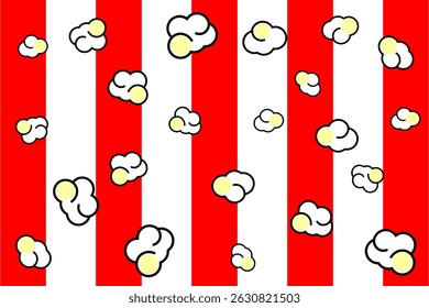 Colorful red and white striped background with playful popcorn illustrations scattered throughout