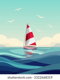 Colorful red and white yacht in the ocean, seascape with cloudy sky. Travel concept. Summer illustration, vector	
