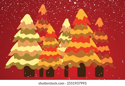 Colorful red Winter Holiday Christmas Trees in Snowfall