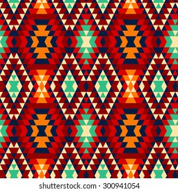 Colorful red yellow blue and black aztec ornaments geometric ethnic seamless pattern, vector