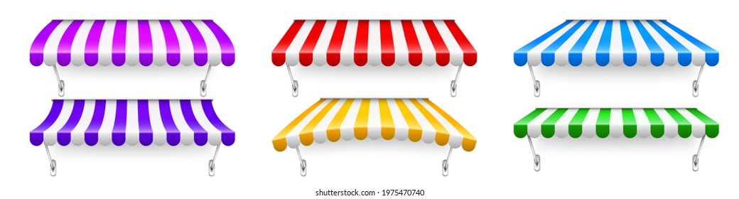 Colorful red, yellow, blue, green shop sunshades with metal mount. Realistic striped cafe awning. Outdoor market tent. Roof canopy. Summer street store. Vector illustration.