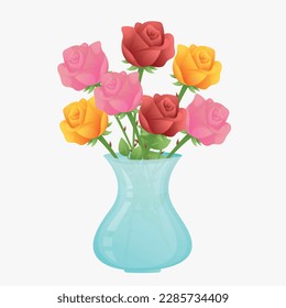 Colorful red, yellow, pink roses in a vase on a white background. Cute spring flowers. Simple postcard with bright colorful roses. Greeting card for florist or shop