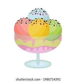 colorful refreshing ice cream  in a glass cup. Vector illustration. The balls of multicolored ice cream. delicious frozen dessert