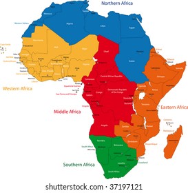Colorful regions of Africa with countries and capital cities