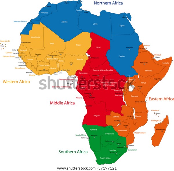 Farbige Regionen Afrikas Mit Landern Und Stock Vektorgrafik Lizenzfrei