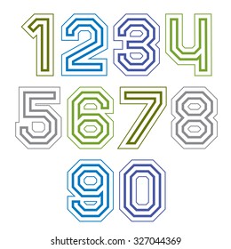Colorful regular acute-angled digits, bright vector straight numbers isolated on white background. Wide graphic contemporary numeration.