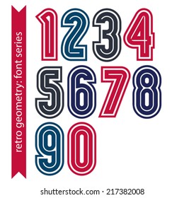 Colorful regular stripy numeration, black and red vector poster numbers with outline and straight lines.