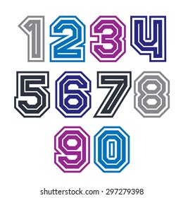 Colorful regular stripy numeration, modern vector poster numbers with outline and straight lines.