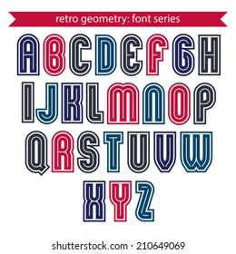 Colorful regular stripy typescript, black and red vector poster characters with outline and straight lines.