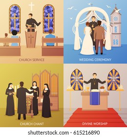 Colorful religious 2x2 design concept set with church service and wedding ceremony flat isolated vector illustration