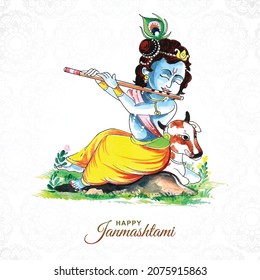 Colorful religious krishna janmashtami card background 