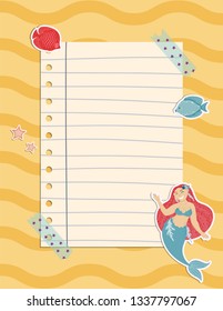 Colorful reminder note page with a mermaid, seaweed, fishes and shells. Organizer with a place for Notes. Vector illustration.