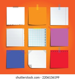 Colorido conjunto de papel recordatorio, papel de post nota conjunto ilustración vectorial sobre fondo degradado.