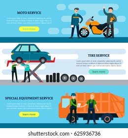 Colorful repair services horizontal banners with professional workers and vehicles in flat style vector illustration