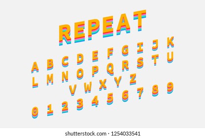 Colorful Repeat Font. Retro bold font. Alphabet in colorful trending. Vector font and alphabet. Eps10