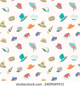 Colorful Repeat Seamless Pattern Vector Hats and Caps Illustration with White Background