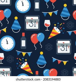 Colorful repeatable background of new year eve party icons. Seamless pattern on dark background.