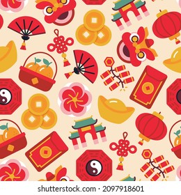 Colorful repeatable pattern of Lunar new year icons