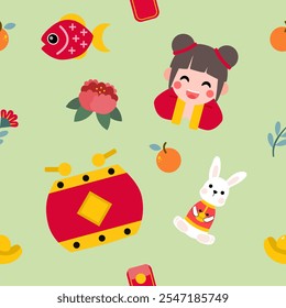 Colorful repeatable pattern of Lunar new year icons.
