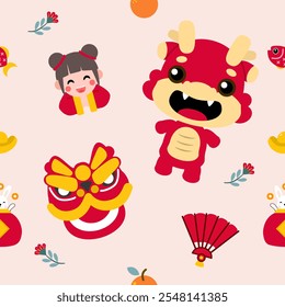 Colorful repeatable pattern of Lunar new year icons.