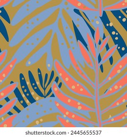 Colorful Repeated Creative Trendy Foliage Style Pattern. Hippie Seamless Summer Spring Plant Element Background. Light Continuous Decoration Blossom Artwork Art.