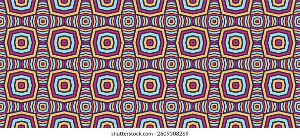 A colorful, repeating geometric pattern featuring concentric, slightly irregular hexagons in vivid red, yellow, blue, and black hues.