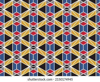 Farbiges, sich wiederholendes Hexagonmuster in weißer Umrisslinie mit einer Mischung geometrischer Formen wie Diamanten und Dreiecke in fettgedruckter Schwarz-, Gold- und Rottolade