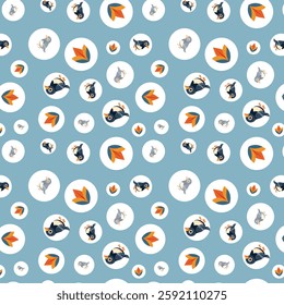 Colorful Repeating Pattern with Birds and Geometric Floral Shapes