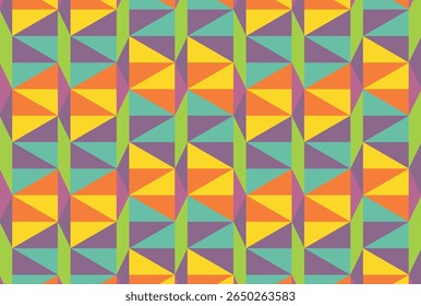 Padrão colorido e repetitivo de triângulos entrelaçados em vários tons de laranja, amarelo, verde e roxo.