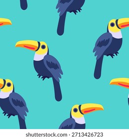 Padrão de repetição colorido com tucanos estilizados em um fundo vibrante. Perfeito para design têxtil, papéis de parede, papel de embalagem, embalagens, produtos infantis, artigos de papelaria e fundos digitais.