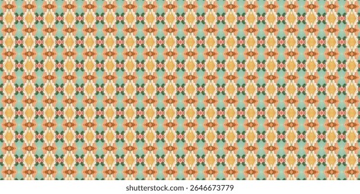 Colorful repeating pattern with warm earthy tones, diamond shapes, and soft mint background. Ideal for fabric, packaging, retro wallpapers, and modern creative designs.