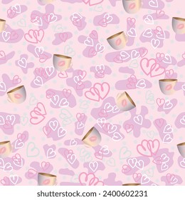 Colorful repeating seamless pattern background of love and relationships with a cup of cocoa and a kiss. Vector illustration for Valentine's day.
