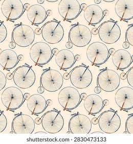 Colorful repeating vector pattern of classic penny farthing bicycles ideal for retro style textile design