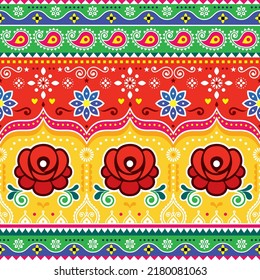 Colorful repetitive Diwali background inspired by traditional lorry and rickshaw painted decorations with flowers and swirls. Popular decor in Pakistan and India. Colorful repetitive Diwali background