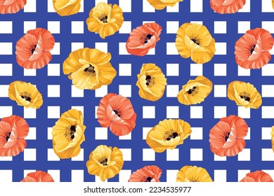 Colorful, repetitive floral bouquets with a checkerboard pattern. For your fabric, wallpaper, home textile and other design