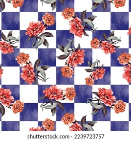 Colorful, repetitive floral bouquets with a checkerboard pattern. For your fabric, wallpaper, home textile and other design
