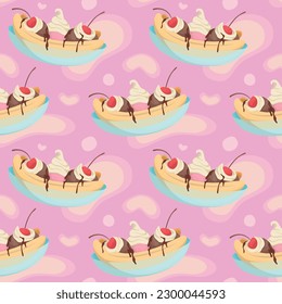 Colorful repetitive pattern background of banana split dessert made of simple vector illustrations.