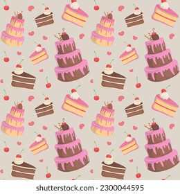 Colorful repetitive pattern background of cakes and cake slices made of simple vector illustrations.